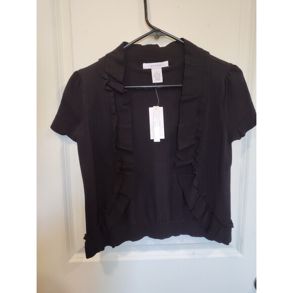 Women's Grace Short Sleeve Ruffle Open Cardigan Sweater Black Small - Picture 2 of 4